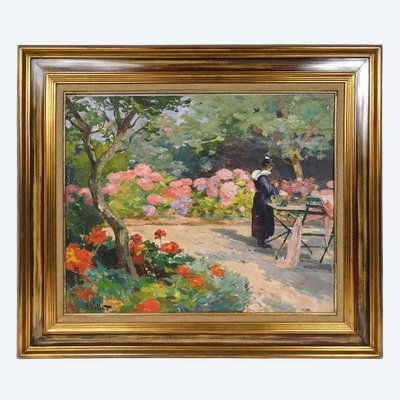 HSC tableau Henry Vollet bretonne tricoteuse fleurs hortensia Bretagne XXè