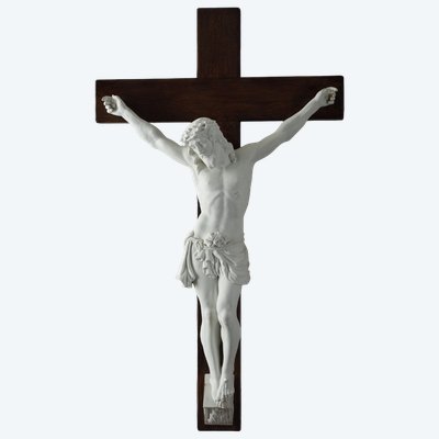 Imposante Biskuitporzellan-Skulptur des gekreuzigten Christus 