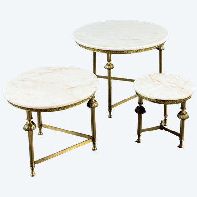 Set of three nesting tables made of brass and marble, 20th century