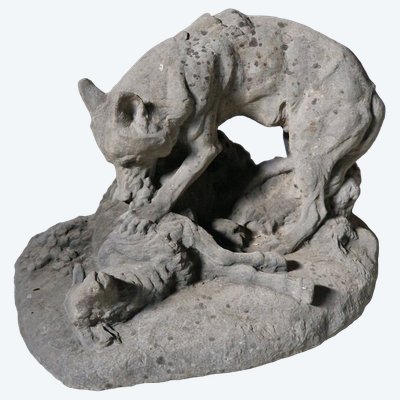 Directly carved stone statue of a wolf devouring a sheep by René Paris, gold medal