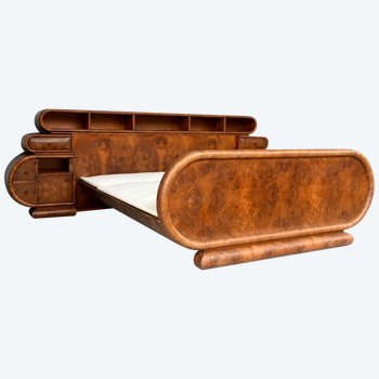 Spectacular 1930 Hollywood Art Deco Bed In Walnut Burl Veneer