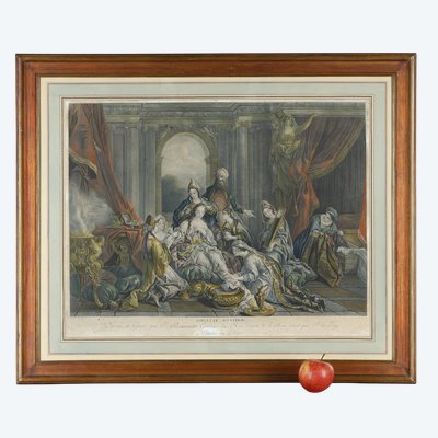 Mit Aquarellfarben veredelte Radierung von „La Toilette d’Esther“, Ende des 18. Jahrhunderts