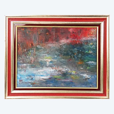 Abstract Expressionist still life depicting the edge of a pond, signed "Cysihar," mid-20th century