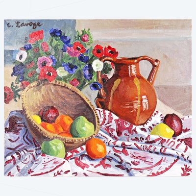 Nature morte aux fruits d'été expressionniste signée C.Laverze école Française milieu XXe