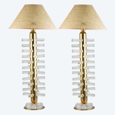 Pair of Brass and Murano Glass Lamps, 20th Century