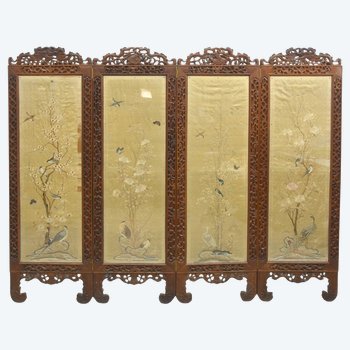 Asian Screen Carved Wood And Silk Early Twentieth Time