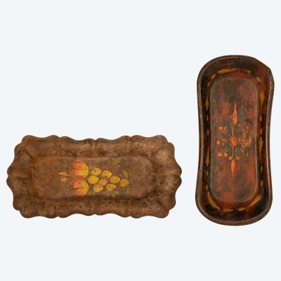 Set of two painted sheet metal trays with small compartments