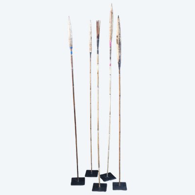 Set aus 5 traditionellen Pfeilen, ozeanische Kunst, Stammeskunst, Ozeanien, ca. 138 bis 153 cm
