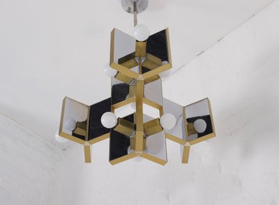 Brass and chrome mirror pendant light, Gaetano Sciolari.