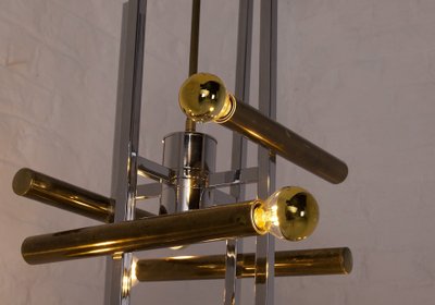 Large brass and chrome pendant light, Hollywood Regency style.