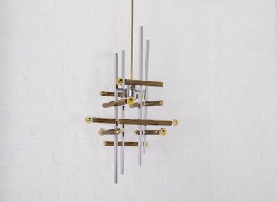 Large brass and chrome pendant light, Hollywood Regency style.