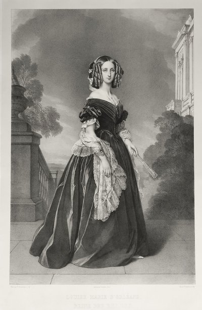 Reine De Belgique Louise Marie d'Orléans Grande Lithographie par Grevedon d'Après Winterhalter 19ème