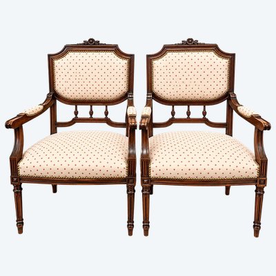 Pair of Louis XVI armchairs carved wood ivory fabric brass nails