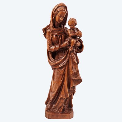 Virgin and Child carved in linden wood, German religious art from Tyrol, mid-20th century