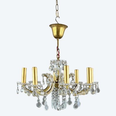 Lustre ancien en laiton et pampilles de cristal, XXe siècle