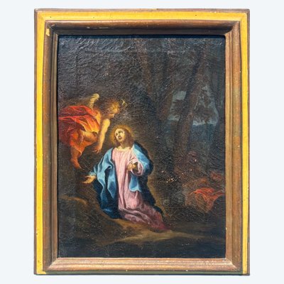 Tableau ancien représentant Jésus au jardin des Oliviers et l'Ange de la Consolation. Époque baroque, XVIIe siècle. Cadre laqué.