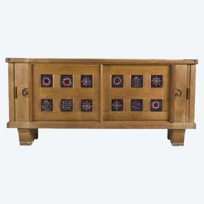 Guillerme and Chambron, oak and ceramic sideboard, Votre Maison edition, circa 1960/1970