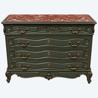 Kommode Louis-XV-Stil Rocaille – Grüner Lack, Roter Marmorplatte