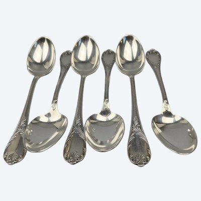 Set of 6 Christofle soup spoons, Marly pattern, in silver-plated metal. Made in France