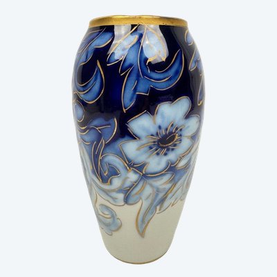 Vase n°6 Tharaud - Années 1950/60 - Décor Floral sur Fond Bleu Nuit, Filets Or