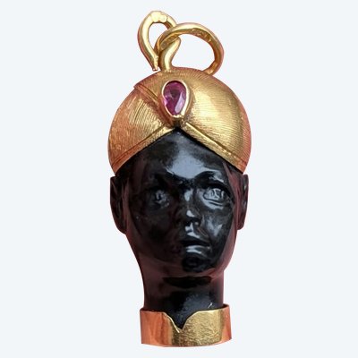Blackamoor Jewelry Pendant Blackamoor Moor's Head with Turban in 18k Gold set with a ruby