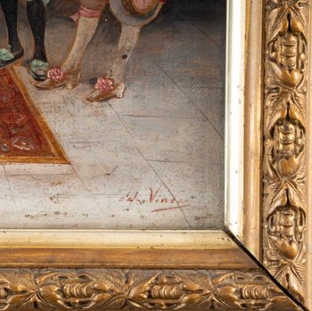 Coppia di dipinti a olio su tela in cornici di legno dorate Fine Ottocento
