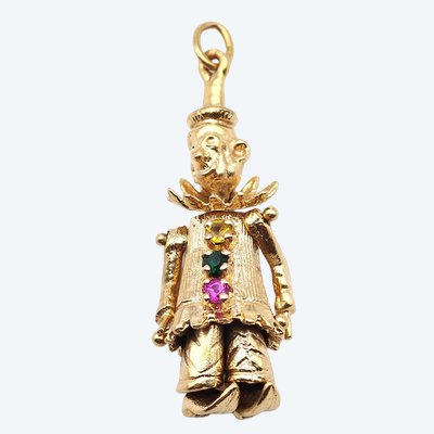 Vintage 1960s 14K Gold Articulated Puppet Pendant, Movable Jumping Jack Charm with Synthetic Gems