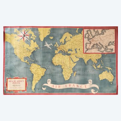 Vintage-Plakat von Air France aus dem Jahr 1948: Weltkarte des Postluftnetzes