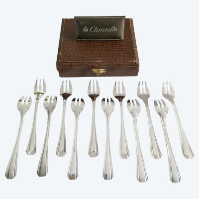Christofle Boréal, Luc Lanel, 12 oyster forks, Art Deco, silver-plated metal