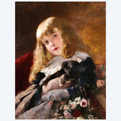Friedrich HEYSER 1857-1921 Portrait de jeune fille au chien, tableau, 1886, chien enfant