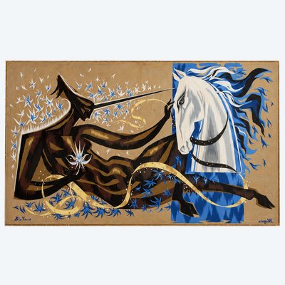 Claude Bleynie, Woman as a Unicorn Facing a White Horse, 1950