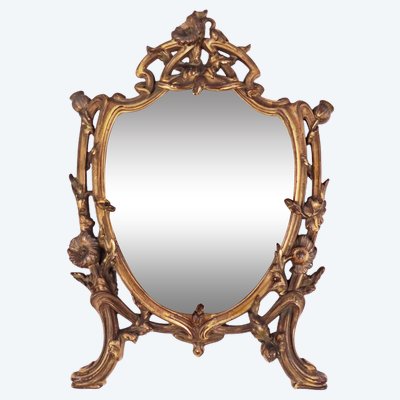 Table mirror in patinated bronze and beveled baroque glass, Pre-Art Nouveau style, 19th century