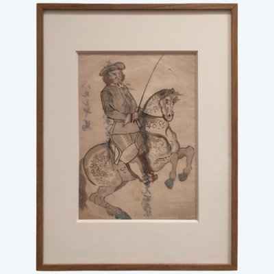 Ink Drawing On Paper—dutch Horseman. Japan, 19th Century Edo, Meiji Period