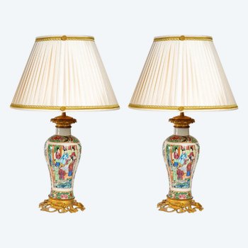 Pair Of Chinese Porcelain And Bronze Lamps Late 19th Century