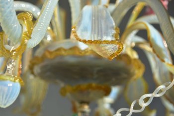 Lustre Murano Vintage à Pampilles - Verre Cristal Couleur Et Bronze - 6 Lampes