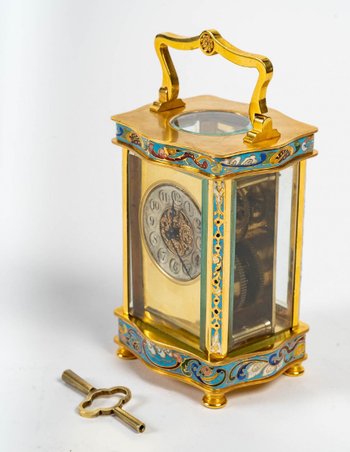 Piccolo orologio da viaggio in bronzo e smalto cloisonné Fine XIX secolo