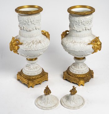 Pair Of Vases In Biscuit Late 19th Century