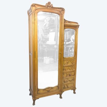 Armoire à Glace 1900 Art Nouveau En Noyer Et Loupe d'érable