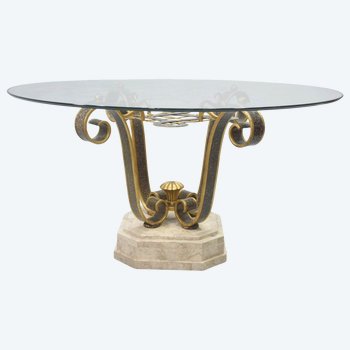 Guéridon En Fer Forgé Patiné Style 1940 Plateau Verre