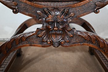 Coppia di importanti poltrone Dagobert, Curule, stile rinascimentale - Fine XIX secolo