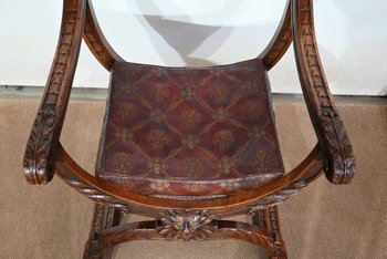 Coppia di importanti poltrone Dagobert, Curule, stile rinascimentale - Fine XIX secolo