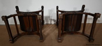Coppia di importanti poltrone Dagobert, Curule, stile rinascimentale - Fine XIX secolo