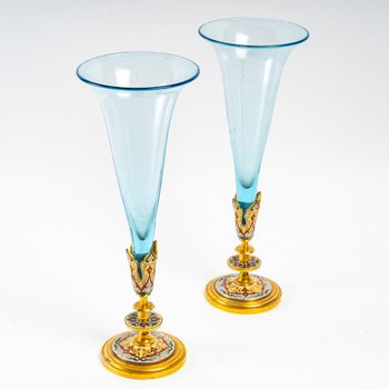 Pair Of Bronze And Enamel Cloisonné Horns Late 19th Century