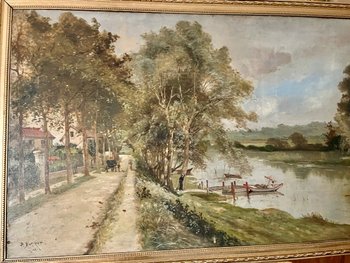  Large impressionist painting XIX eme signed Paul MORIZET walk in edges of the Marne