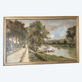  Grand tableau impressionniste XIX eme signé Paul MORIZET promenade en bords de Marne