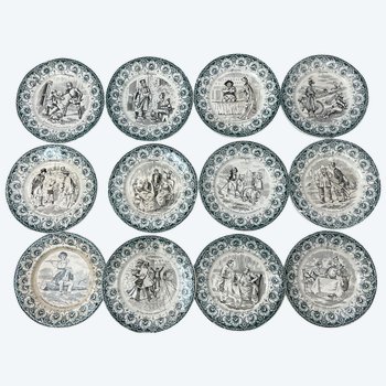 Complete set of 12 Antique Proverbial Talking Plates Saint Amand Hamage