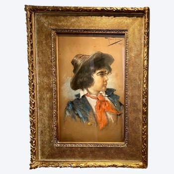 Tableau portrait jeune homme au chapeau signé Hans Hansen portrait 1791