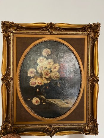 Tableau bouquet de fleur pivoine signé fin 19eme 