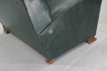Fauteuil Club En Cuir Vert époque  Art Déco 1940