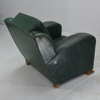 Fauteuil Club En Cuir Vert époque  Art Déco 1940